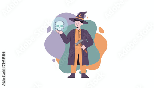 Curious character in a witch hat holding a glowing skull and hammer blending magic and discovery
