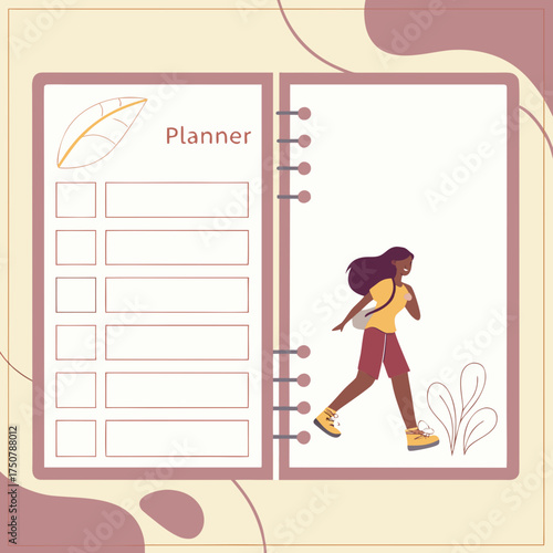 A young woman with dark hair and a yellow shirt and red shorts walks with a bag over her shoulder next to a planner with a leaf illustration and a to do list