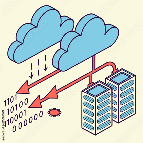 Conceptual illustration of cloud computing technology with data flowing from two blue clouds to two server towers via red arrows and binary code
