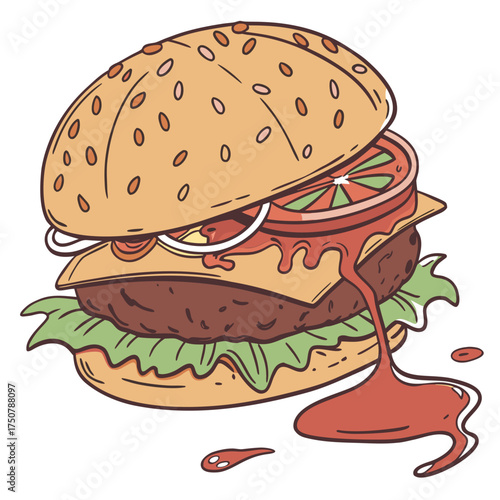 Delicious hand drawn illustration of a juicy hamburger with melted cheese fresh lettuce tomato onion and a generous pour of ketchup dripping down the side