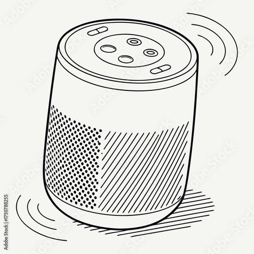 Stylized line art illustration of a smart speaker device with sound waves emanating from it representing audio output and smart technology