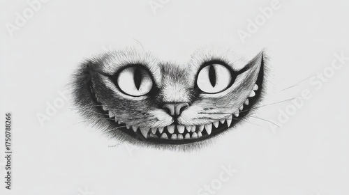 A monochrome sketch of a cheshire cat face with a wide grin, isolated on white background, showcasing its teeth