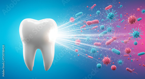 Tooth repelling bacteria and viruses with light rays, antibacterial mouthwash protection concept