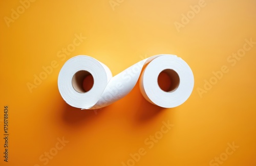 Two white toilet paper rolls forming infinity symbol on orange background. Rolls are clean and soft. Toilet paper is household item for personal hygiene and care. Everyday use product in bathroom.