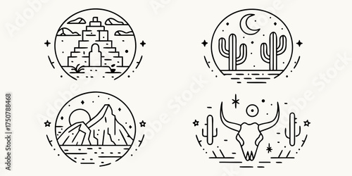 Collection of four minimalist line art circular emblems featuring desert landscapes and cultural icons