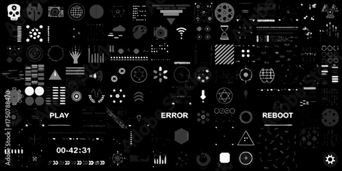 Collection of futuristic digital interface elements icons and symbols on a dark background