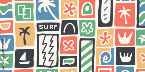 Retro tropical pattern with palm trees flowers and surf elements in bold colors