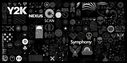 A y2k nexus scan symphony of diverse abstract symbols and icons on a black background