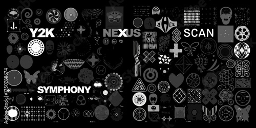 Y2k nexus scan symphony abstract graphic design elements and symbols collage on black background