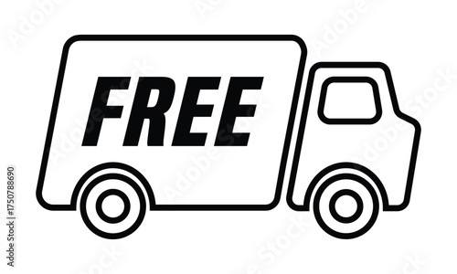 A minimalist black outline vector icon of a delivery truck or cargo van moving to the right. The design features thick, clean lines. The bold capital word "FREE" is clearly display.