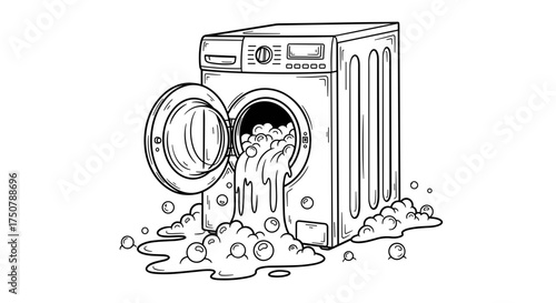 Overflowing washing machine with soap suds in black and white sketch