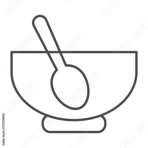 Glass plate with spoon inside thin line icon, cooking food concept. Vector graphics. Plate sign on white background, outline style icon for mobile or web design.