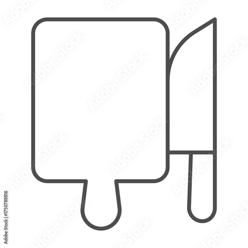Wooden cutting board and knife thin line icon, cooking concept. Vector graphics. Knife and board sign on white background, outline style icon for mobile or web design.