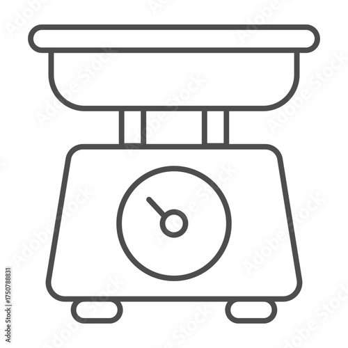 Scale with basket, display and pointer thin line icon, kitchen concept. Vector graphics. c on white background, outline style icon for mobile or web design.