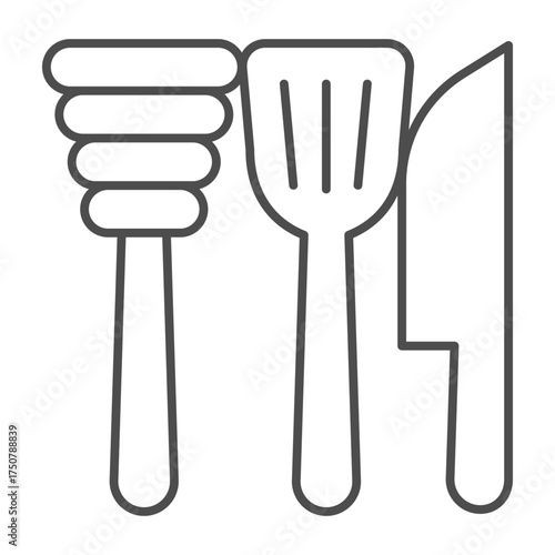 Knife, spatula and mixer thin line icon, cooking concept. Vector graphics. Kitchen set sign on white background, outline style icon for mobile or web design.
