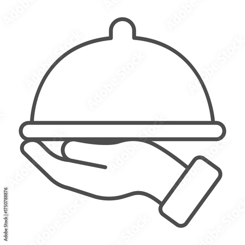 Dish with cap in hand thin line icon, waiter service concept. Vector graphics. Hot dish sign on white background, outline style icon for mobile or web design.