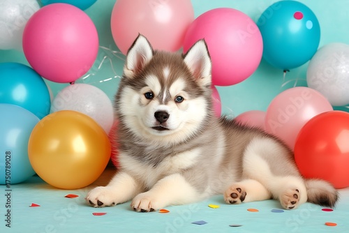 Cute puppy surrounded by colorful balloons indoor studio pet photography cheerful environment close-up perspective