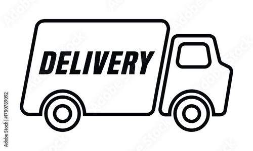 A minimalist black outline vector icon of a delivery truck or cargo van moving to the right. The design features thick, clean lines. The bold capital word "delivery" is clearly display.