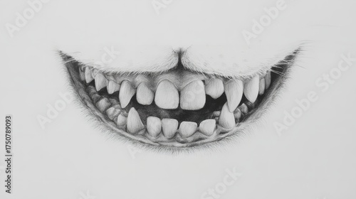 Closeup of cat teeth isolated on white background, showing the sharp canines and incisors in detail