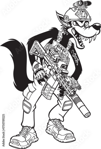 Cartoon style wolf in military gear holding assault rifle