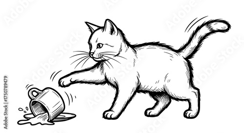Curious cat tipping over mug in black and white sketch style