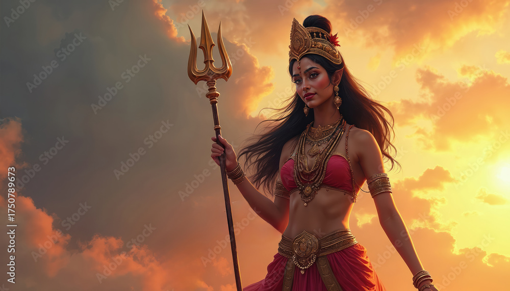 Obraz premium Hindu goddess Parvati stands with trident against sunset sky clouds. Divine feminine power, spiritual deity in traditional Indian attire. Represents strength wisdom fertility, protection. Presence