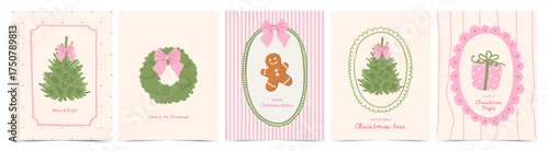 Cute Christmas greeting card set with gingerbread man, Christmas tree, Christmas wreath, bows and border frames. Xmas design in trendy doodle hand drawn vintage style.