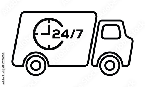Black vector icon of a delivery truck with speed lines, "24 Hours" text, and a large outline clock. Represents 24-hour delivery, express shipping, and fast logistics service guarantee.