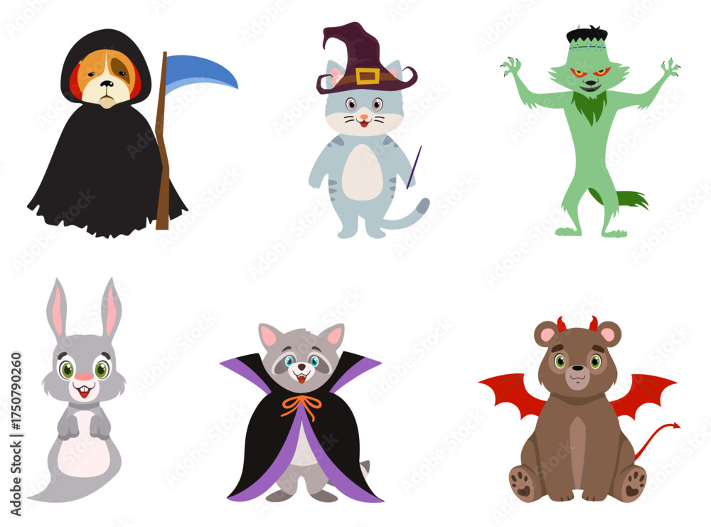 Obraz premium Halloween costume set. Playful animals dressed up in various halloween costumes.