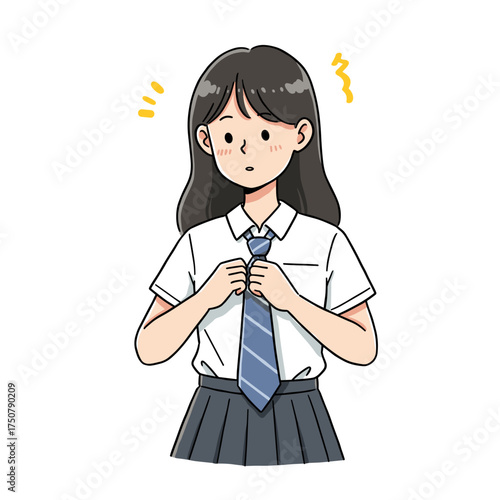 Girl adjusting school tie and looking uncertain in school uniform  
