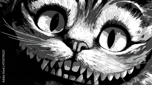 Grinning cheshire cat with sharp teeth, a dark and mysterious with a touch of the macabre