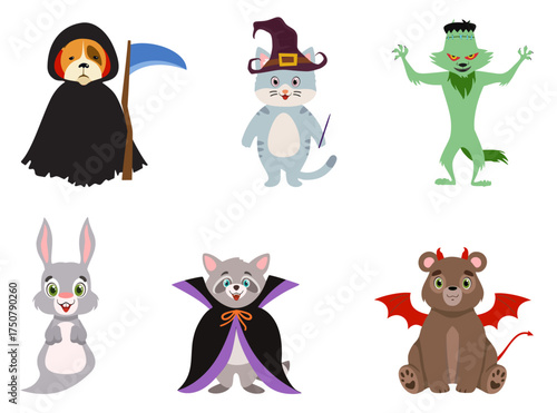 Halloween costume set. Playful animals dressed up in various halloween costumes.