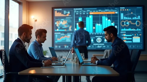 Manufacturing executives convening in conference room evaluating supply chain disruption risk scenarios leveraging real time analytics dashboards to develop mitigation strategies in  Photo Stock  Conc