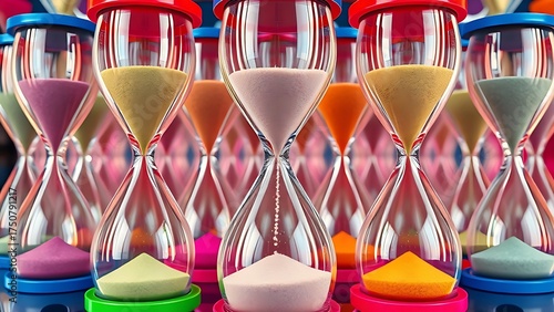 Colorful overlapping hourglasses with upward-flowing sand, depicting the unique perception of time in ADHD.