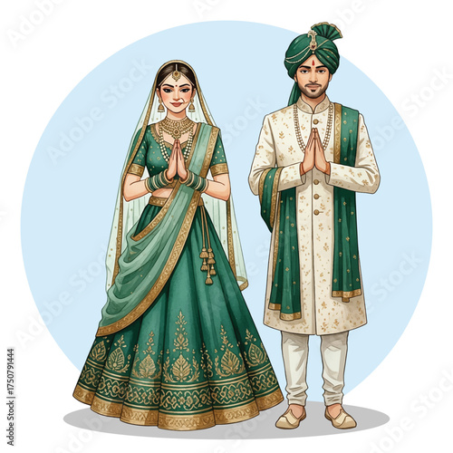 Traditional Indian Bride and Groom in Green Wedding Attire Greeting Illustration