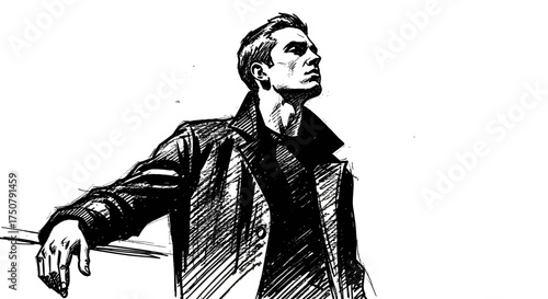 Confident man in coat leaning back in black and white sketch style