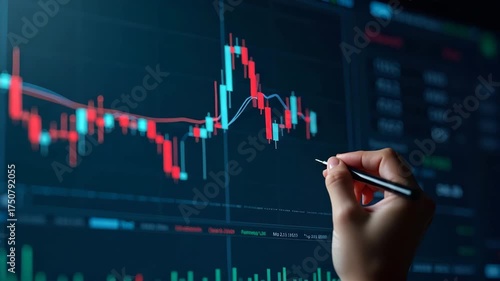 Technical analysts marking technical bearish signal on chart by drawing descending trendline below consecutive lower highs and confirming with MACD crossover indicator in  Photo Stock  Concept  and em