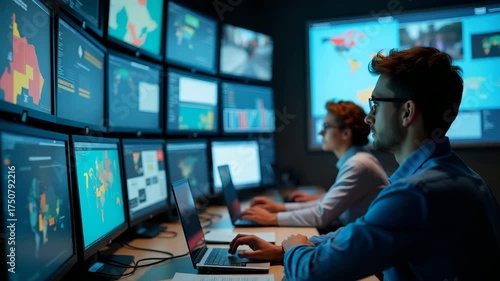 Natural disaster response team coordinating multiagency efforts at emergency operations center analyzing real?time maps resource allocation for disaster zones in  Photo Stock  Concept  and empty space