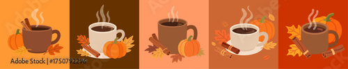 Cozy Autumn Coffee Cup with Pumpkin and Cinnamon Flat Vector Illustration, Warm Fall Season Drink, Minimalist Warm Color Palette
