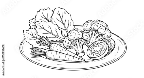 Fresh vegetable platter in black and white line art illustration