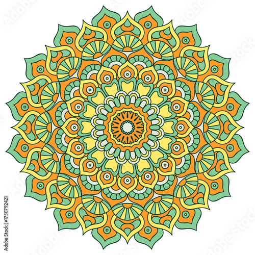Colorful Decorative Mandala Pattern in Green and Yellow Tones.