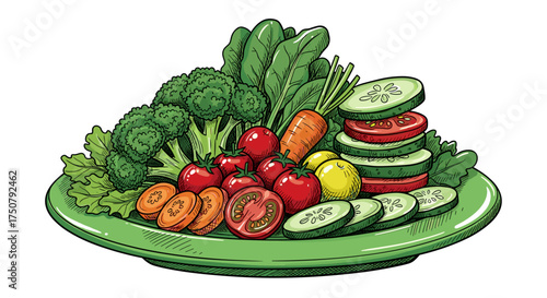 Fresh vegetable platter in colorful hand-drawn illustration style