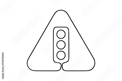Single-Line Drawing of Traffic Signal Warning Sign ,Triangular Sign with Traffic Light, Black & White Illustration, Clean Modern Graphic Design, Head-On View