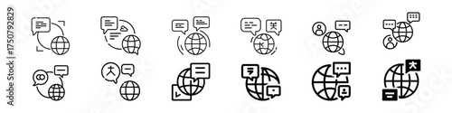Global Chat, Online Translation, International Communication Icons Set – Language Exchange, Set of global communication, language translation, international chat line icons with speech bubbles