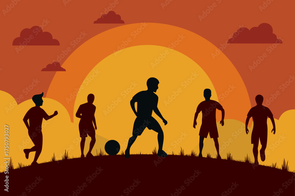 Fototapeta premium Silhouettes of soccer players playing on a hill at sunset
