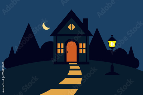 Cozy house at night with glowing windows and a moonlit path