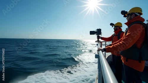 Research vessel crew recording giant sea wave measurements using LIDAR sensors for oceanographic disaster modeling in  Photo Stock  Concept  and empty space on the left side