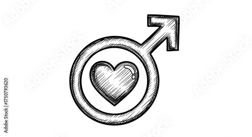 Male gender symbol with heart inside in black and white sketch