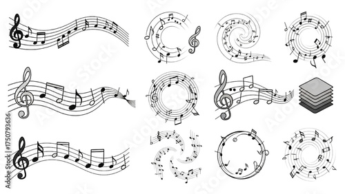 Creative collection of music notes and staff illustrations representing flowing melodies