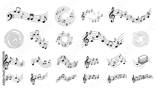 A collection of flowing musical notes and abstract melody symbols on wavy staves